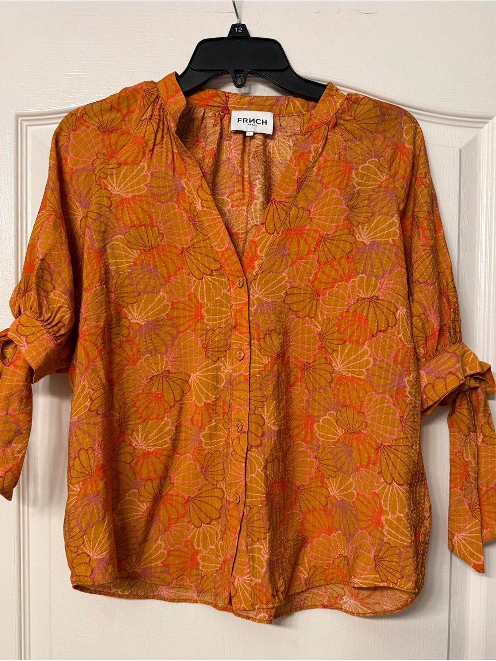 FRNCH Paris Blouse Small Tie Sleeve Button Front Shell Print Orange Pink Viscose
